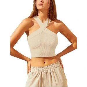 NWT House of Harlow Criss-Cross Tan Halter Ribbed Tank Sz S